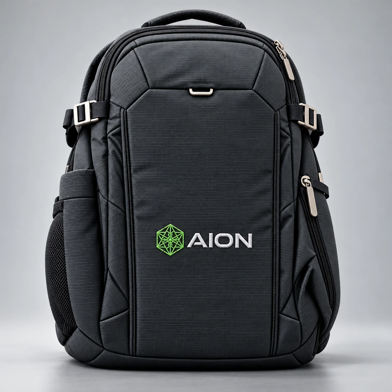 AION mockup on a graphite-grey backpack