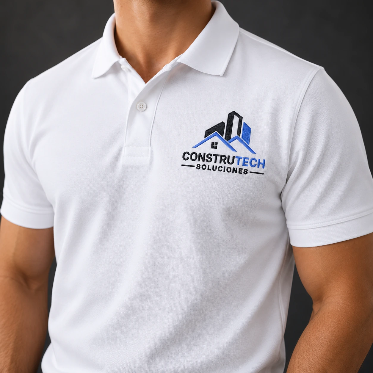 Construtech mockup on a white polo