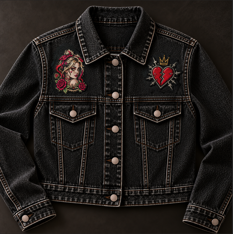 Black jacket mockup with embroidered woman and heart motifs
